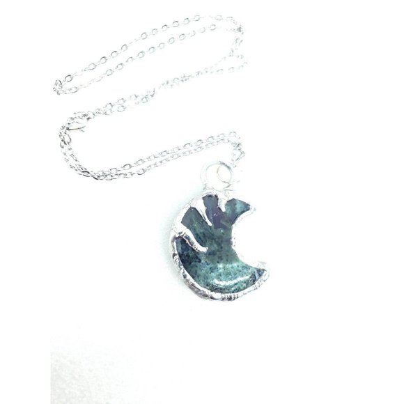 Moss agate moon crystal Necklace handmade silver spikes stainless steel chain - Picture 5 of 9